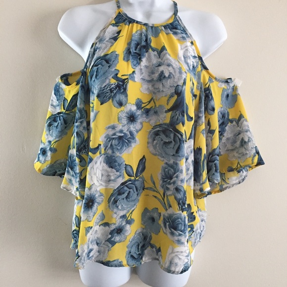 Japna Tops - Yellow Floral Print Cold Shoulder Top